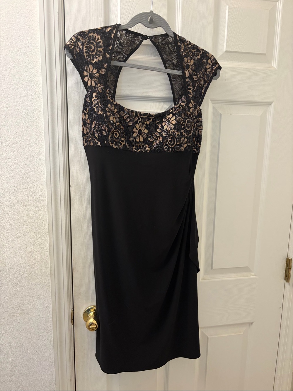 R&M Richards Black Midi Dress with Gold Lace Bodice